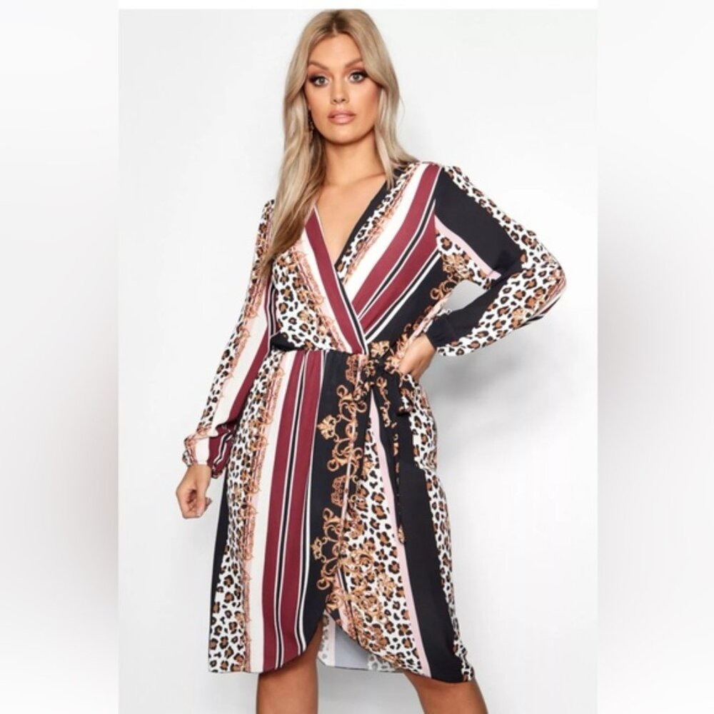 BOOHOO Faux Wrap Chain Mixed Print Dress Midi Lightweight V Neck Belt Plus Sz 20